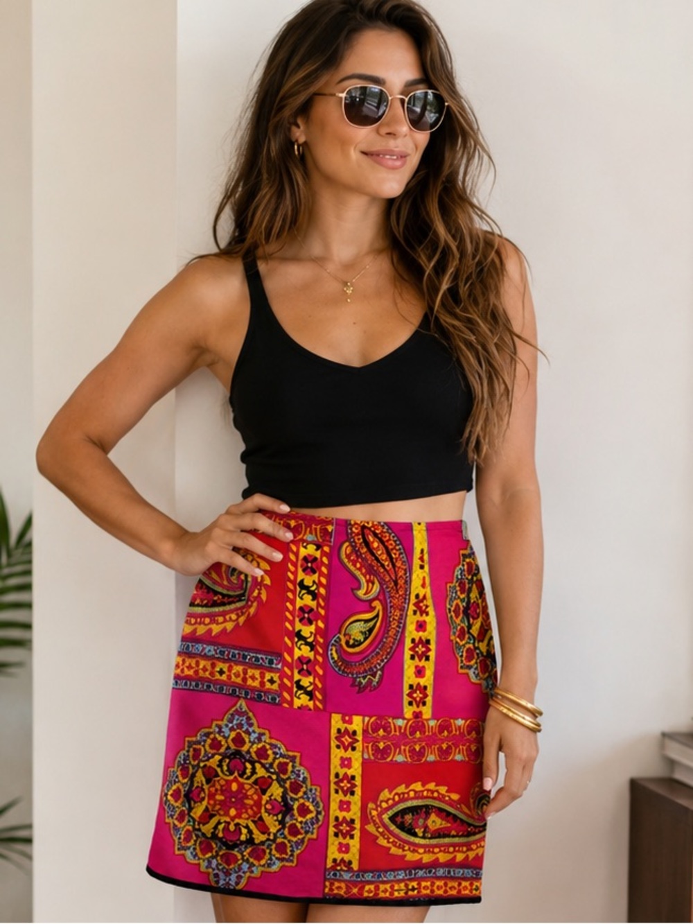 Vintage Y2K Linda Segal Paisley Patchwork Mini Skirt Size 8 Pink Red Made USA